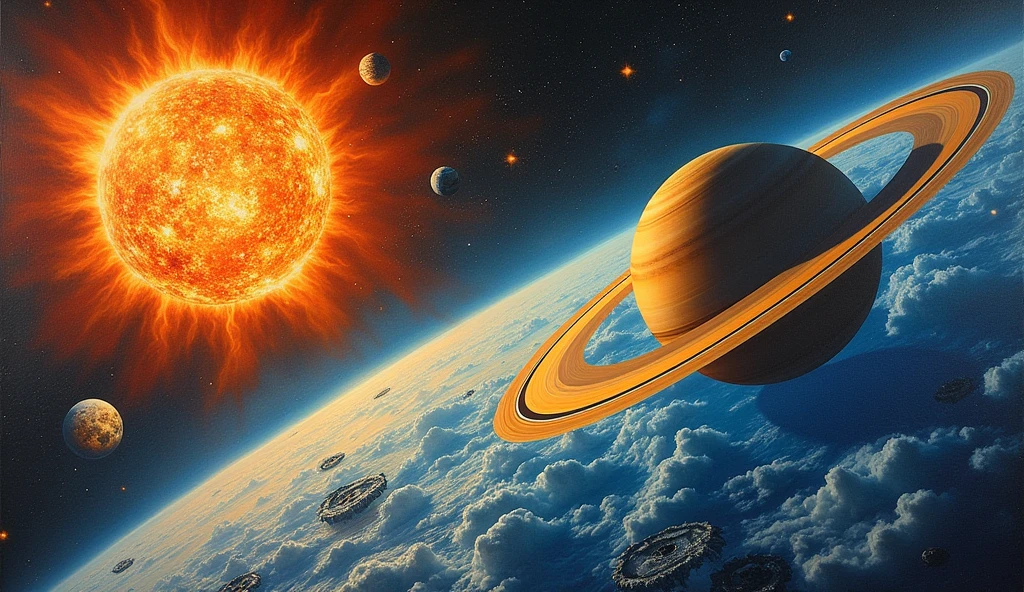 A grand celestial gathering featuring the Sun radiating intense flares, the Moon with a pronounced cratered landscape reflecting the Sun's fiery display, Earth showcasing a vibrant blue ocean and swirls of white cloud cover, and Saturn's majestic rings with cascading ice particles and the prominent planetary turns, oil painting, dramatic lighting, ultra realistic, volumetric light, golden ratio.