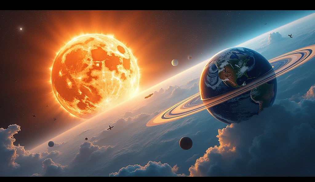 A grand celestial gathering featuring the Sun radiating intense flares, the Moon with a pronounced cratered landscape reflecting the Sun's fiery display, Earth showcasing a vibrant blue ocean and swirls of white cloud cover, and Saturn's majestic rings with cascading ice particles and the prominent planetary turns, oil painting, dramatic lighting, ultra realistic, volumetric light, golden ratio.