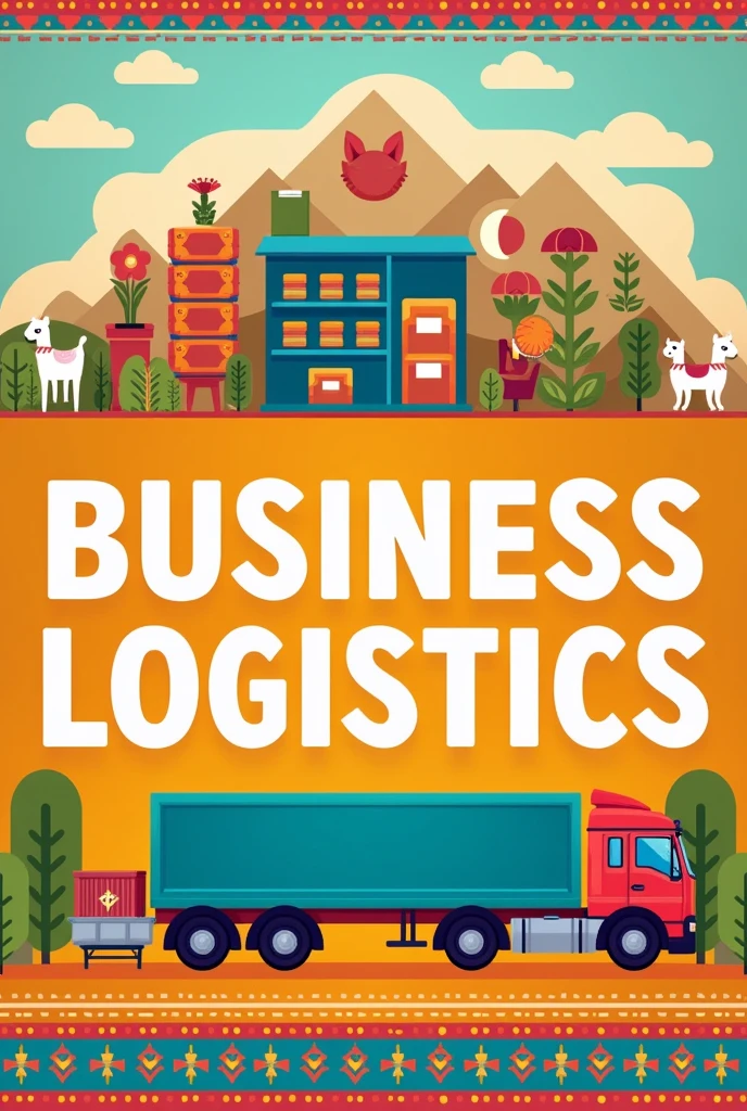 Un diseño de portada creativo para un lapbook sobre 'Business Logistics', which presents a Peruvian company, InkaFarm. The cover should include bright and attractive colors, and have icons or images that represent logistics, like trucks, warehouses and inventory. El diseño debe incluir el logotipo de InkaFarm y la cultura peruana tradicional como patrones incas o llamas sutilmente incorporados en el fondo, which gives it a unique and local touch. Title "Business Logistics" It should be striking and clear in the center.