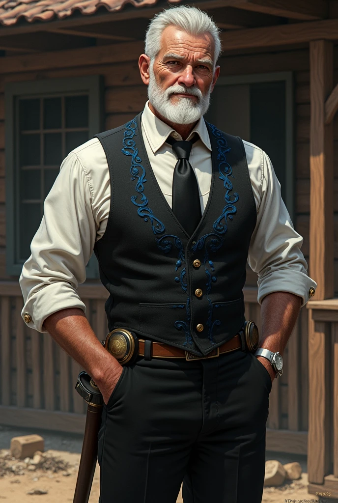 I would like an older man with short, well-groomed white hair, a well-trimmed beard, a monocle on his face, a black vest with blue adornments over it, a tie underneath, a white dress shirt with the sleeves rolled up to the middle of his arm, black pants, dress shoes, a pocket watch, a rapier at his waist, and one of his arms behind his back with a classy demeanor.I would like it to be in a mature style, and the art should be in a fantasy and RPG style set in the Old West.