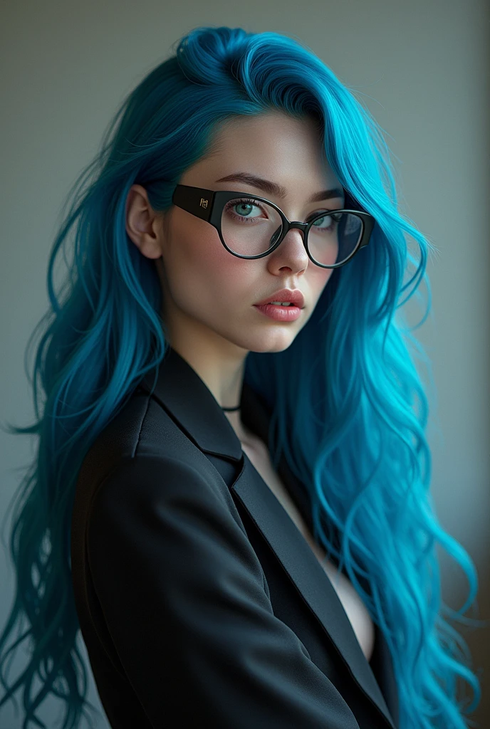 A character for RPG, Woman, with blue hair down to her belly, who wears glasses, photo by full body