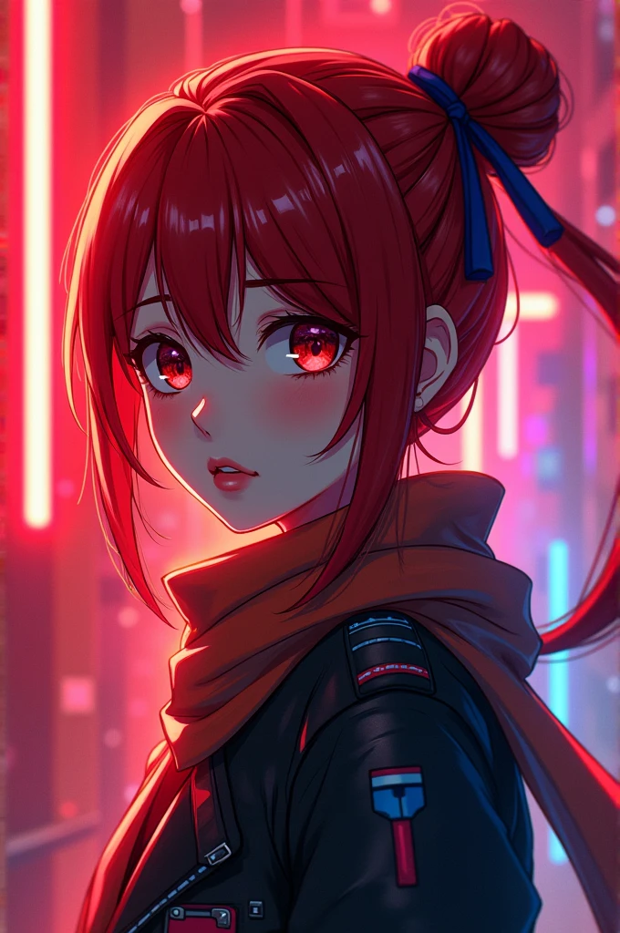 Fanart of an anime with a red bun, with scarf, red and neon background