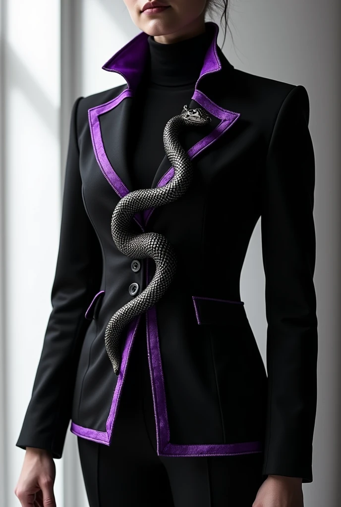 create a black and white prom jacket with purple trim with a snake in front
