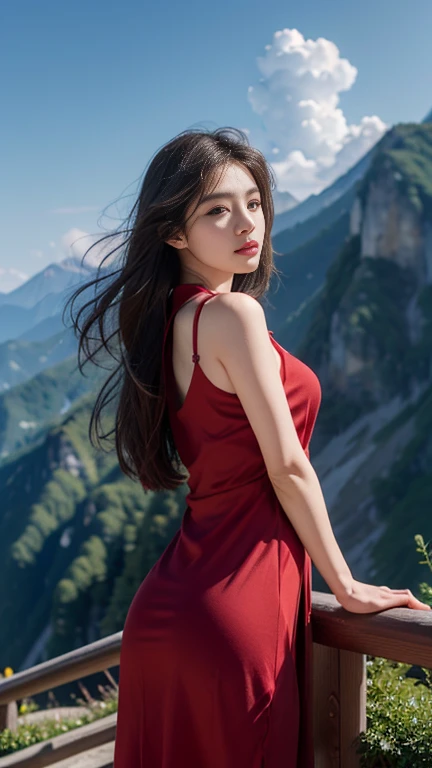 最好of品質,masterpiece,Ultra-high resolution,(Realism:1.4),RAW photos,1 girl,Long gray hair,Face highlights,純of,少女of,Flushing,1,1位微笑of女同學,純of,清白of,(最好of品質,8k,masterpiece:1.3),Oval face,big eyes,long eyelashes,精美of(Realistic style),星星般of眼睛,ultimate face,逼真of光影,清晰of臉部特徵,乳白色of皮膚,白皙of皮膚, Highly detailed skin, 逼真of皮膚細節, Visible pores,(Super detailed),(完美of身材:1.1),Long gray hair,(dynamic poses),((Dynamic background((Volumetric light:1.3)),巨大of山雀,Long red dress,alps,Blue sky and white clouds,of,dashing,long legs,Shunguang
