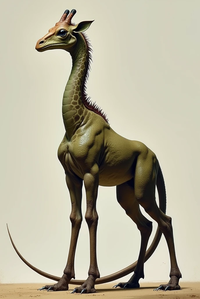 She has the muscular, scaly body of a lizard, with long, scale-covered giraffe legs and sharp claws. Its neck is long and sinuous, with the elegant head of a giraffe, but with reptilian eyes and small scaly horns. The tail is long and powerful, used for both balance and defense. The creature combines the elegance of the giraffe with the ferocity of the lizard.