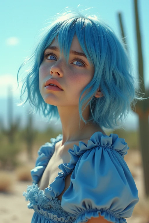 masterpiece, best quality, 1 girl, solo, small breasts, purple eyes, hair over one eye bangs, blue hair, extra short hair, looking up, side angle, close up, cactus desert, (cute magical girl:1.2), blue costume, (cute frills skirt:1.2), (cloth pieces:1.1), (torn clothes:1.5), (crying:1.3), sad, nipples , (lickingoral:1.2), (licking penis:1.2), (1 boy:1.2), (cum:1.3), nsfw