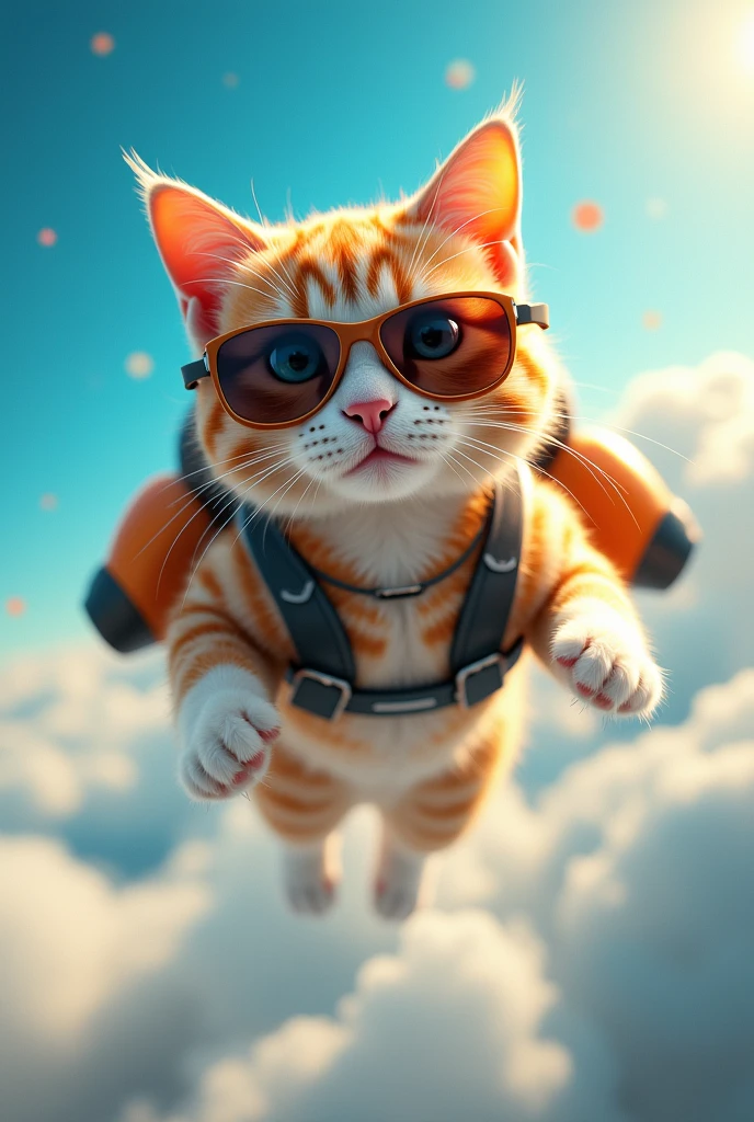 Cat with sunglasses flying on a jetpack