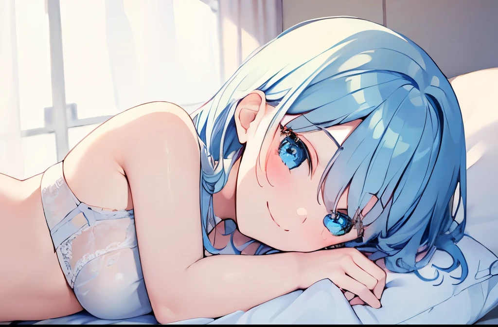 ((masterpiece)), ((best quality)), (ultra-detailed), on the bed, a cute girl, 1girl, solo, underwear00, ((beautiful eyes)), smile, beautiful blue hair