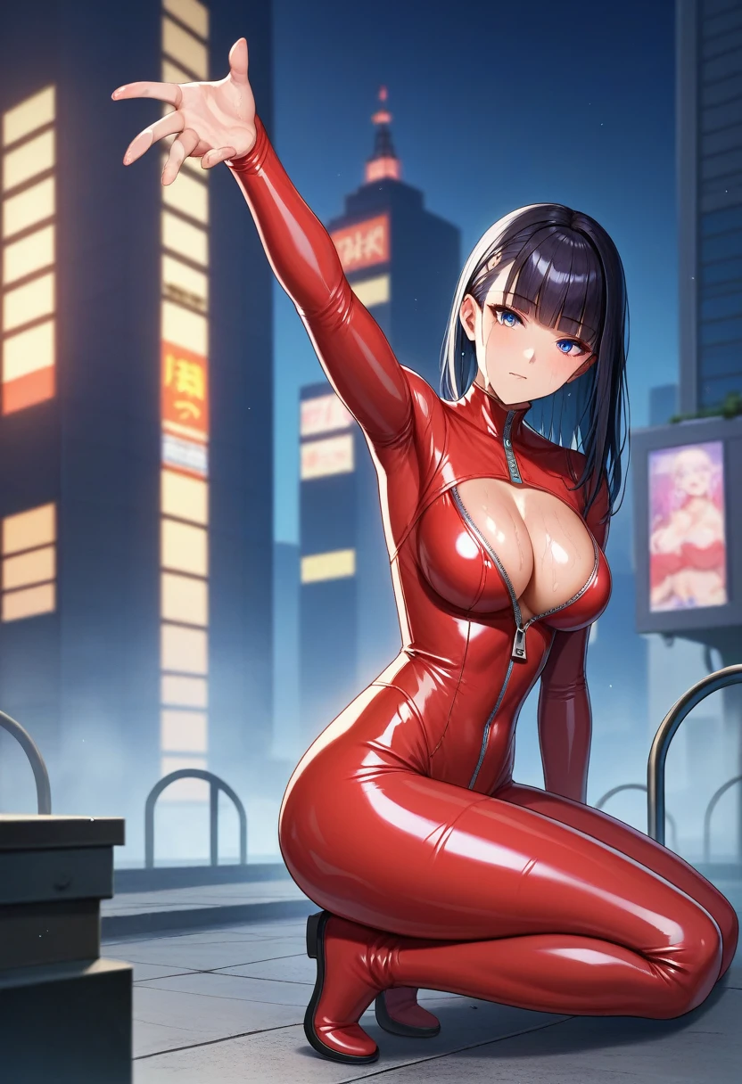 score_9, score_8_up,score_7_up,masterpiece, best quality, perfect anatomy, very aesthetic, official art, 8k,2D,illustration,1girl,shiny skin,wet oily skin,natural face,eyelashes,sidelocks,blunt bangs,,large_breasts,latex bodysuit,full-length zipper,cleavage cutout,cyber punk,night city,rooftop,, source_anime ,masterpiece,best quality,ultra detailed,high resolution,sharp focus,depth of field,