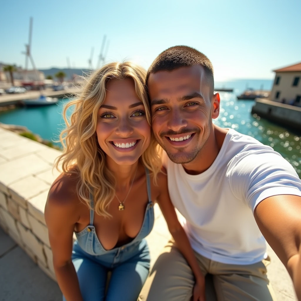 Selfie, Two friends light and smooth smile, a White male man Slightly Muscular, 30's, brown eyes, buzz cut hair style, buzz cut hair, he wears a white T-shirt and beige pants,A woman, Toffee color skin, beautiful toffee mixed woman with long blond curly hair and extremely detailled clear yellow eyes, middle body, she wears a sexy blue top and a Flared denim pants, selfie,They are sitting on a stone wall with a view of a port at day, sunshine, ultrarealism