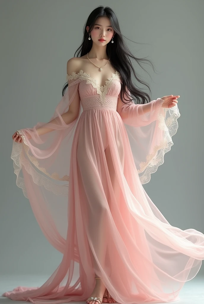 A full-body image of an Asian woman with an angelic essence, standing gracefully against a gray background. She wears a blush pink chiffon gown that flows elegantly to the ground, with delicate lace accents around the bodice and sleeves. The gown’s airy fabric sways softly, reminiscent of fluttering wings. Her long, black hair cascades in soft waves, framing her serene, glowing face with bright, almond-shaped eyes. Her delicate sandals are adorned with small pearls, adding a touch of divine beauty. She wears a delicate chain necklace with a raw pearl pendant and matching pearl drop earrings, catching the light and enhancing her ethereal charm.