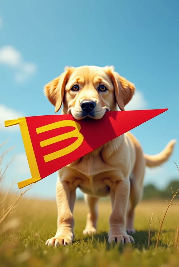 A real dog with a pennant in its mouth from McDonald's