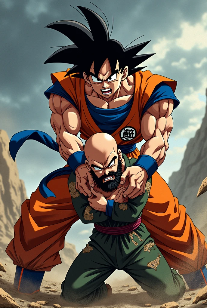 Make GOKU taking a bald man with a black beard by the neck, that is crying