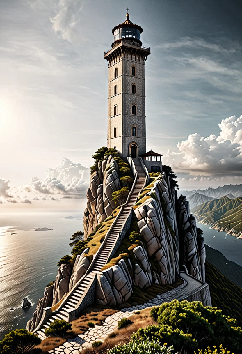 realistic tower on top of the mountain facing the sea