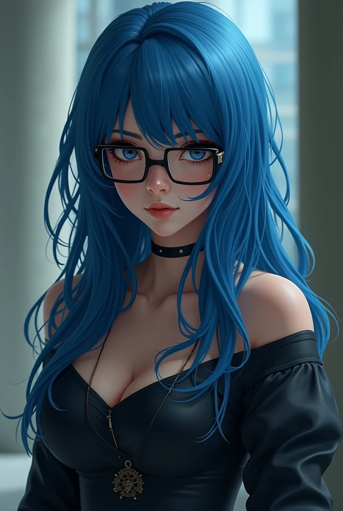 A character for RPG, Woman, with blue hair down to her belly, who wears glasses, photo by full body
