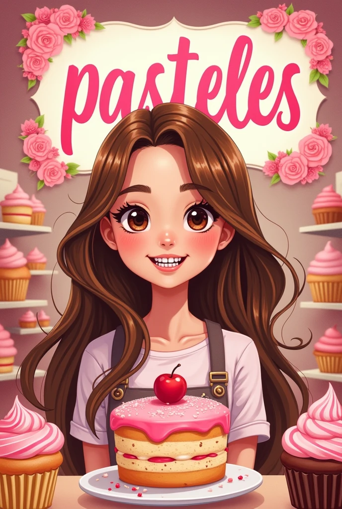 Pastry girl, light brown skin color, Brown eyes,smiling with braces on teeth, long loose hair, hair with caramel balayage, with the sign “Pasteles JessyP” in pink flowery letters, Pink colour, around cakes, cupcakes