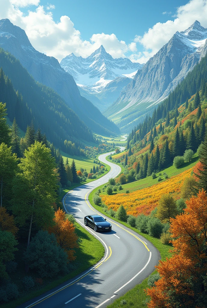 I want a road where there is a road with a car and the landscape is divided into 4 seasons
