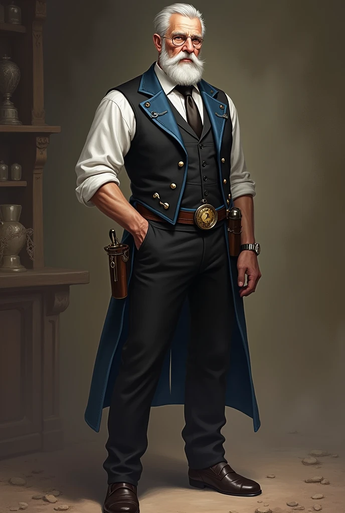 I would like an older man with short, well-groomed white hair, a well-trimmed beard, a monocle on his face, a black vest with blue adornments over it, a tie underneath, a white dress shirt with the sleeves rolled up to the middle of his arm, black pants, dress shoes, a pocket watch, a rapier at his waist, and one of his arms behind his back with a classy demeanor.I would like it to be in a mature style, and the art should be in a fantasy and RPG style set in the Old West.