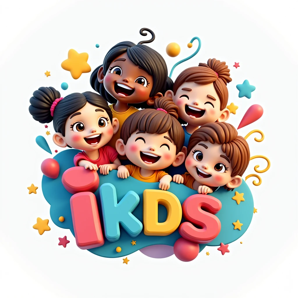 Design a playful and vibrant logo 3D for a children's YouTube channel named 'IuPi Kids'. The logo should feature bright colors, fun illustrations, and a friendly, approachable style. Include multiple children in the design to emphasize the channel’s focus on diverse and engaging content for kids