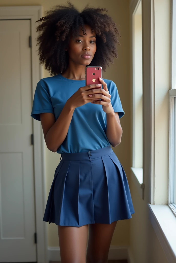 Young schoolgirl, dark skin, curly hair, big tits, blue t-shirt, short blue skirt, open fat legs. Beautiful naked ass. naked tits. School uniform showing tits and ass selfie in mirror naked big tits