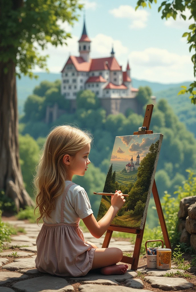 Photorealist , a girl with name Ergina 
with blonde hair, girl staying back, painting, on  canvas, with watercolor, landspace germany, girl out door in nuremberg city of germany, painting castle, girl It sits on its back, no profil face