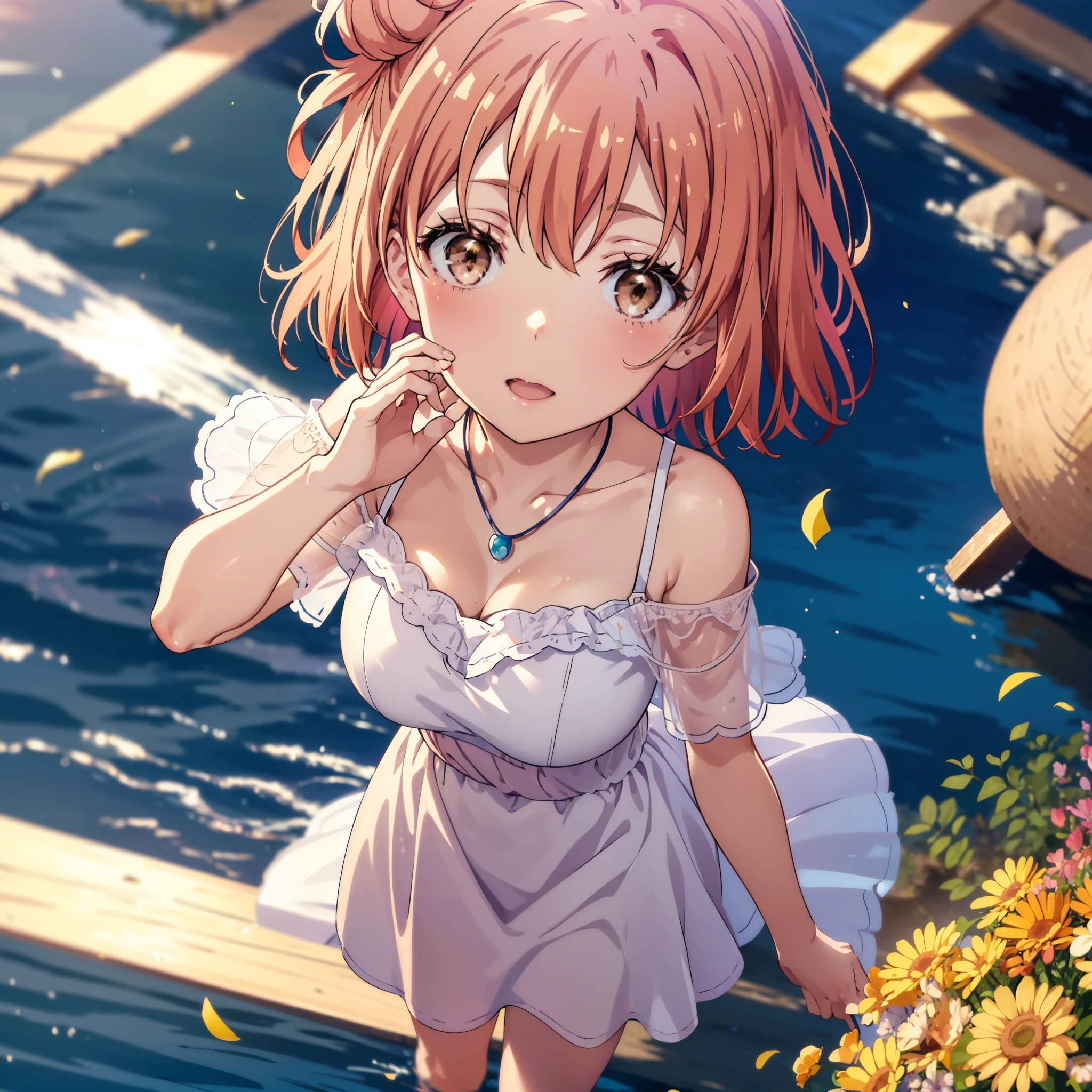 yuiyuigahama, yui yuigahama, short hair, (Brown eyes:1.5), (Pink Hair:1.2), Hair Bun, single Hair Bun,Big Breasts,smile,blush,Open your mouth,Off-the-shoulder dress,Bare shoulders,bare clavicle,Bare neck,Rocket Pendant,mini skirt,Cute heeled sandals,Daytime,Clear skies,Walking,whole bodyがイラストに入るように,
break outdoors,Flower Field,Large Lake,
break looking at viewer, whole body,
break (masterpiece:1.2), Highest quality, High resolution, unity 8k wallpaper, (figure:0.8), (Beautiful attention to detail:1.6), Highly detailed face, Perfect lighting, Highly detailed CG, (Perfect hands, Perfect ???????),