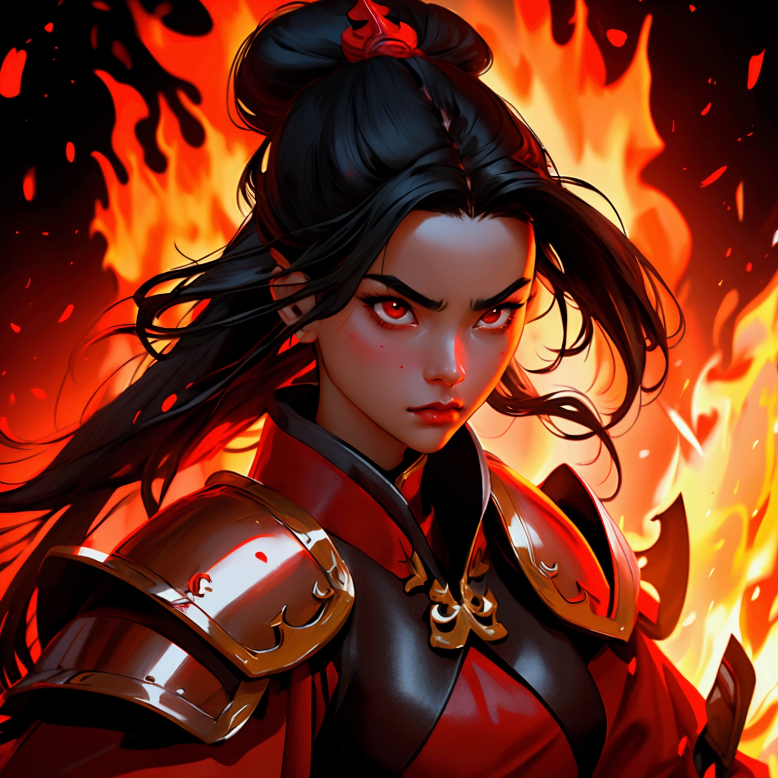 envision a 8k, highres, cinematic, close up beautiful portrait of a fierce girl named Azula with long black hair in a Chinese bun Red eyes, wearing a warrior robe with leather armor plates and fire effects against a dark background