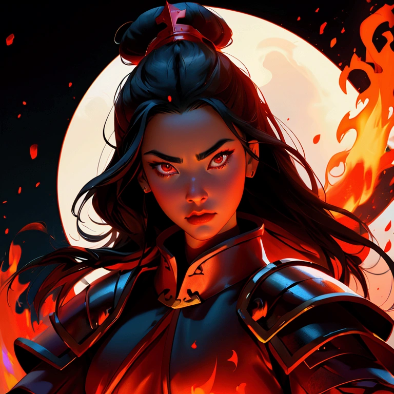 envision a 8k, highres, cinematic, close up beautiful portrait of a fierce girl named Azula with long black hair in a Chinese bun Red eyes, wearing a warrior robe with leather armor plates and fire effects against a dark background