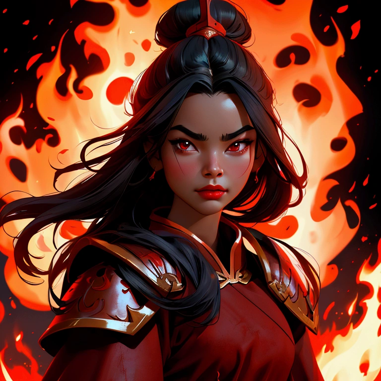 envision a 8k, highres, cinematic, close up beautiful portrait of a fierce girl named Azula with long black hair in a Chinese bun Red eyes, wearing a warrior robe with leather armor plates and fire effects against a dark background