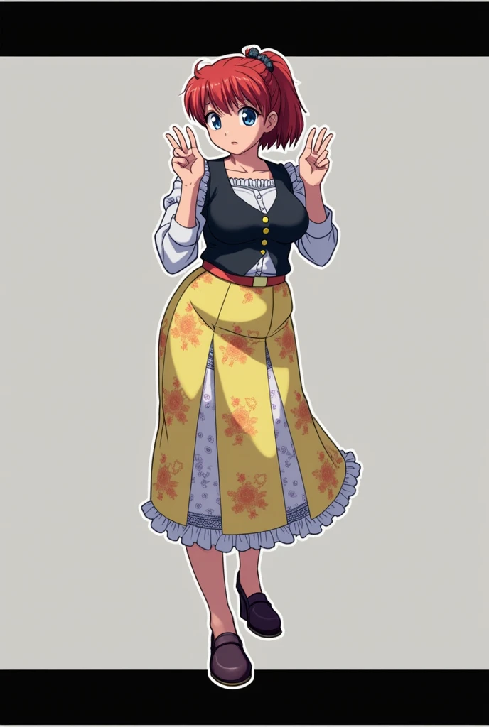 Colored female Saotome Ranma prototype, make a girl,Clear contours, Colorful full body photos, (Beautiful and delicate eyes), (pretty face:1.3), childish face, Red short hair with single ponytail, (Bangs), bumpy Bangs, blue gray eyes, big eyes,Large Breasts,Full body image, Fitted white long-sleeved shirt(細Floral及蕾絲邊),Yellow printed long skirt(actual:1.2),(Floral), (actual:1.7),Face the camera head-on,Bend one foot slightly against the calf of the other leg,Make a Y gesture with your hands。