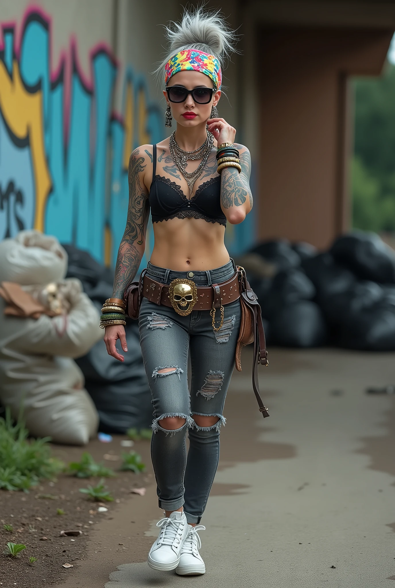 russian old milf woman, grey hair (bouffant, top bun) and oversized square sunglasses and wide colourful bandana as headband, with very light green eyes, extremely pale. Big lips. Black lace push up bra, silicone breast,, dark worn skinny low rise grey jeans with holes on knees ( patched with colourful fabric). White tennis sneakers. Lots of thick wide studded bracelets, chain collars and big rings. Tacky wide studded leather belt with big skull and bones oval buckle. Pistol holster hanging from another loose belt,. Long earrings with chains and feathers. Walking with hand s touching her hair, stretching her neck, craving., Neck, chest, stomach and wrists heavily tattoed. Toned abdominals, thin neck, slim legs and thin arms. Narrow hips Graffitied wall behind, waste on the ground and piled garbage bags around