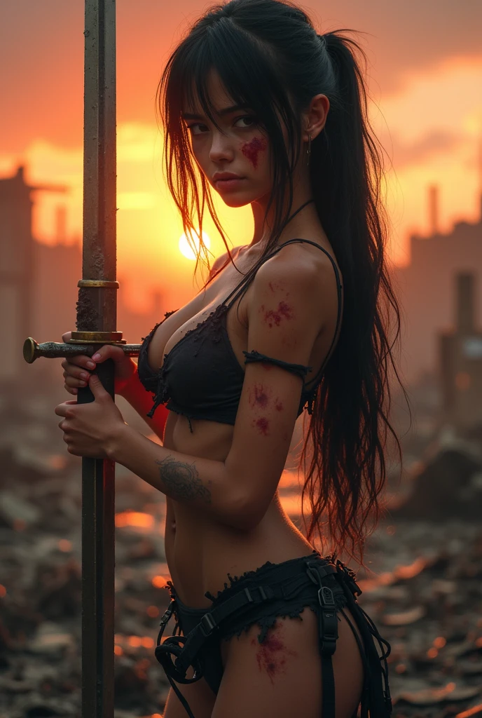 A lean, sexy white age girl with long, jet-black hair cascading down her sweat-drenched back, standing tall yet weary in the aftermath of an intense battle. Her youthful beauty is accentuated by the stark contrast of her flawless skin against the grime and dirt that cling to her toned physique. She wears a shredded and tattered military outfit that barely covers her, revealing a black g-string that clings to her hips, emphasizing her undeniable sex appeal. Her eyes, though exhausted, gleam with the fierce determination of a warrior. In the background, the remnants of the battlefield are illuminated by the fading embers of a fiery sunset, creating a dramatic and surreal atmosphere. Her bruised and blood-speckled body tells the story of the fierce combat she's endured, yet she stands proudly, a testament to her unyielding spirit. Her right hand grips a battle-worn sword, its blade still gleaming with the reflection of the dying light, while her left hand rests on her hip, fingers curled around a pistol holster. The image exudes a blend of vulnerability and power, leaving the viewer captivated by the narrative of this unconventional and alluring heroine.