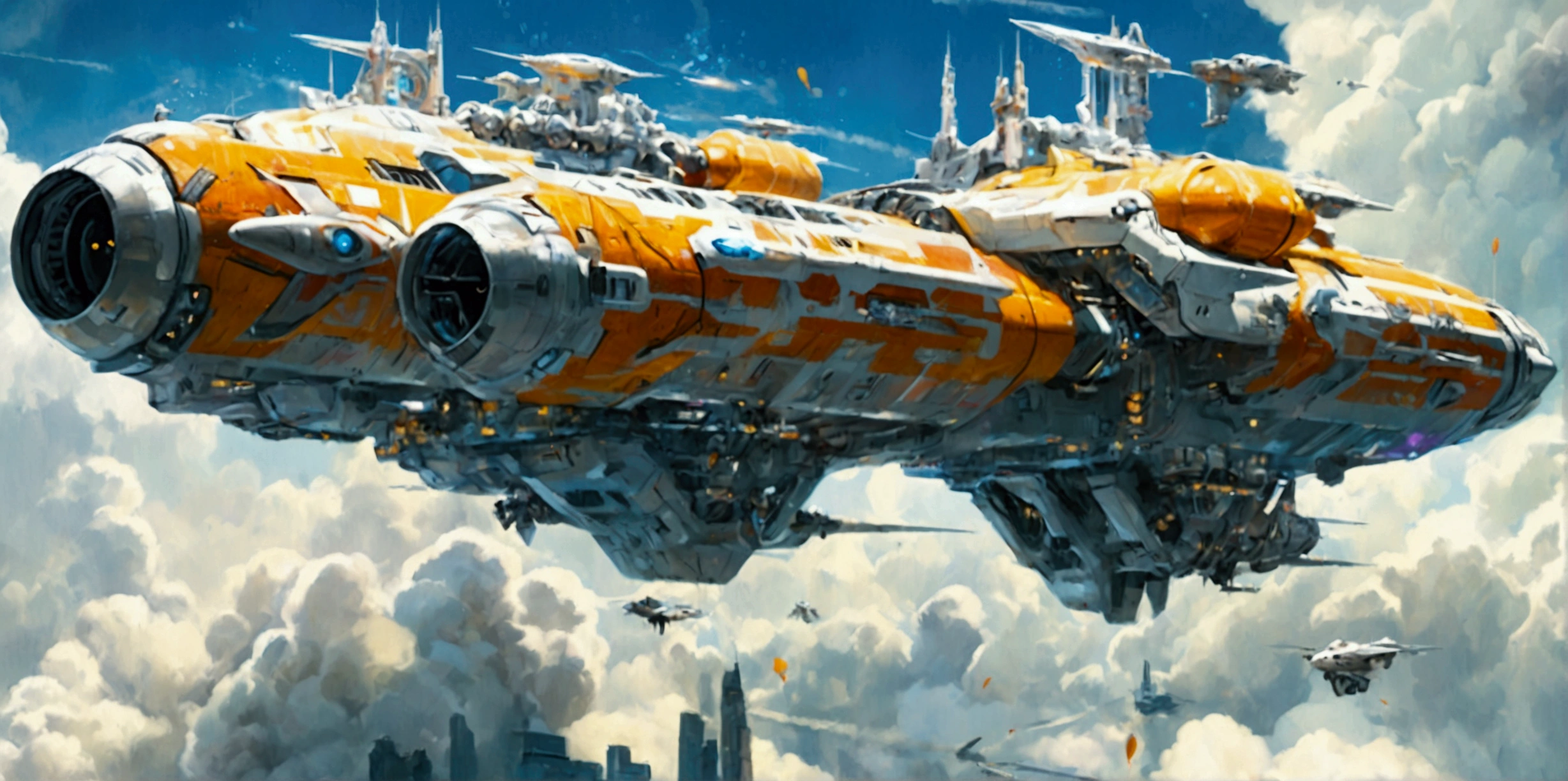 (best quality,ultra-detailed,realistic:1.37), A long wide giant heavily armored divine futuristic flying all terrain biomechanical space battleship covered in rainbow batik pattern and glowing javanese runic symbols, (multiple retractable cybernetic spider legs with wheels on the tips), divine halo, flying hovercraft, flying submarine, flying aircraft carrier, flying hotel, flying resort, flying city, flying skyscraper, flying cruise ship, flying yacht, flying castle, flying military base, multiple thrusters, multiple helipad, multiple propeller, mobile headquarters, mobile command center, automatic turrets, missile banks, missile defense system, multi-port rear engine arrays, large pivoted missile pods, anti-air batteries, reactive armour over vital spaces, VTOL thrusters, ventral ground-facing VTOL thruster bays, retractable center cannon, super carrier, sky carrier, space station, floating city, floating castle, white background