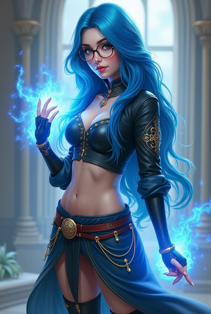 A character for RPG, Woman, female magician, with blue hair down to her belly, who wears glasses, photo by full body