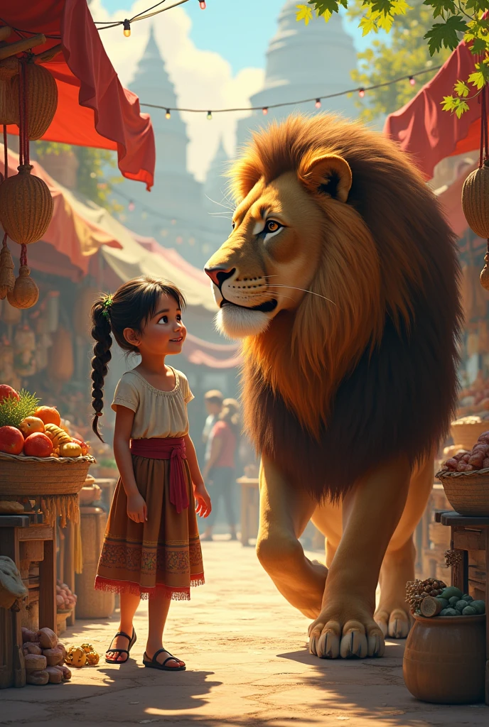 A girl shopping at the market, bring a big lion