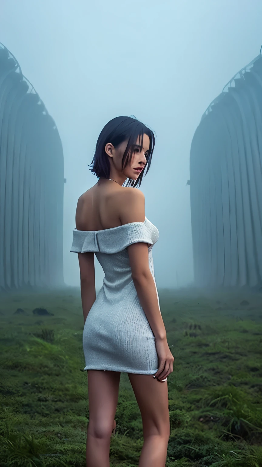 Beautiful woman standing in a wonderland enigmatic world. She is wearing an off shoulder mini tight dress. She is very slim and tall, she has slim long legs with long sicks. She has short messy hair anf and a slender neck. The ambient is foggy and it is early in the morning. The scene is a dream the woman is having but she doesnt know. 