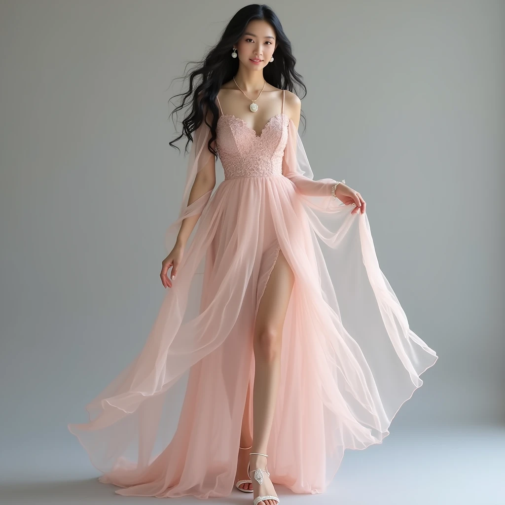A full-body image of an Asian woman with an angelic essence, standing gracefully against a gray background. She wears a blush pink chiffon gown that flows elegantly to the ground, with delicate lace accents around the bodice and sleeves. The gown’s airy fabric sways softly, reminiscent of fluttering wings. Her long, black hair cascades in soft waves, framing her serene, glowing face with bright, almond-shaped eyes. Her delicate sandals are adorned with small pearls, adding a touch of divine beauty. She wears a delicate chain necklace with a raw pearl pendant and matching pearl drop earrings, catching the light and enhancing her ethereal charm.