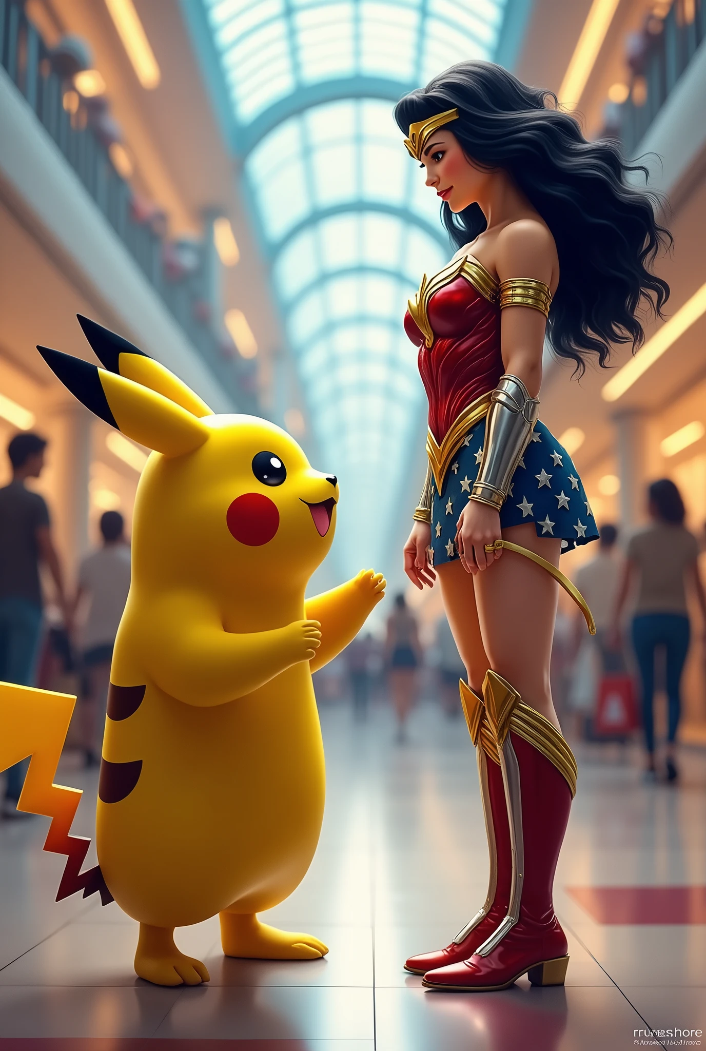 pikachu whith wonder woman in a mall speaken