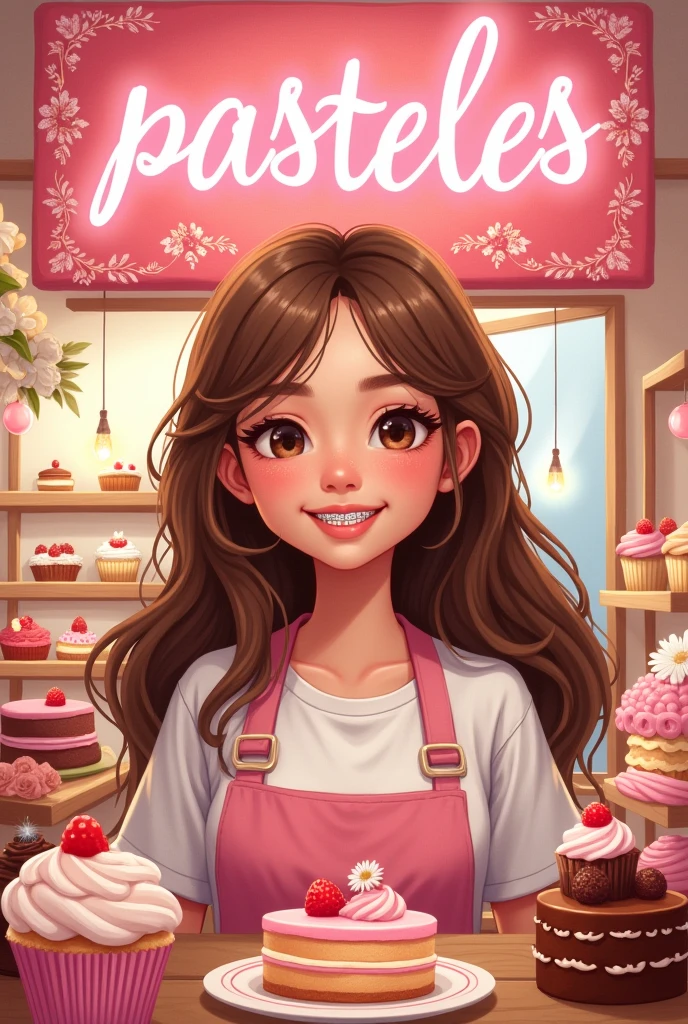 Pastry girl, light brown skin color, Brown eyes,smiling with braces on teeth, long loose hair, hair with caramel balayage, with the sign “Pasteles JessyP” in pink flowery letters, Pink colour, around cakes, cupcakes