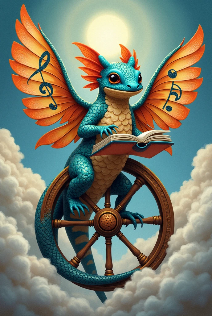 Create a Talavera-style axolotl; that has wings with books and musical notes drawn on them, May it be enveloped in clouds and on the wheel of life.