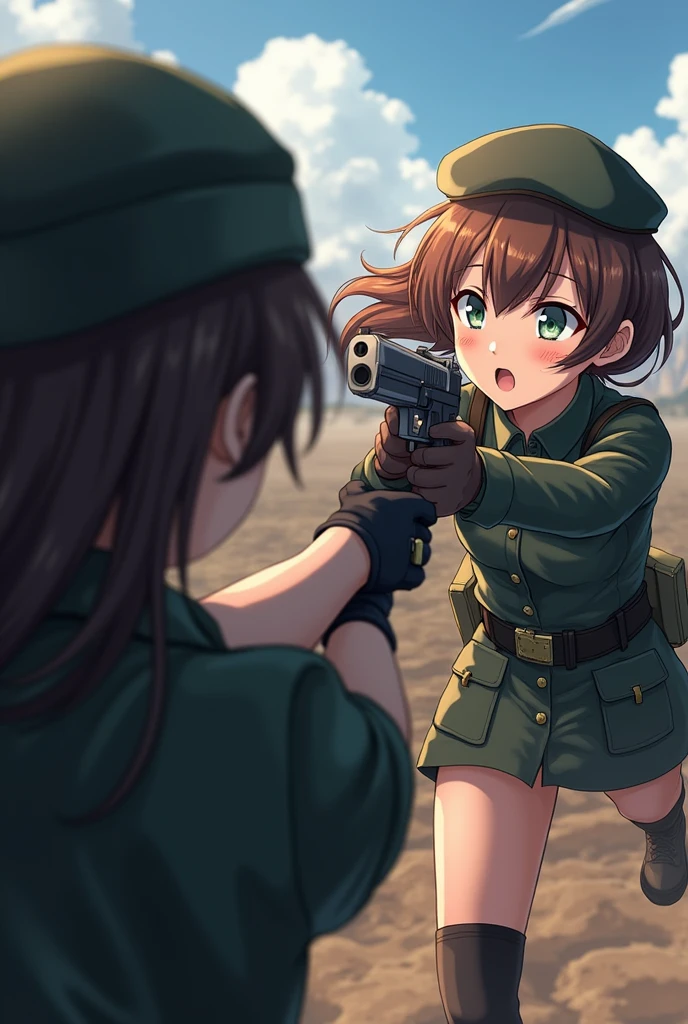 In the anime、FPS,Ass POV,Ego perspective,surprised face,He points a gun at a girl in military uniform..