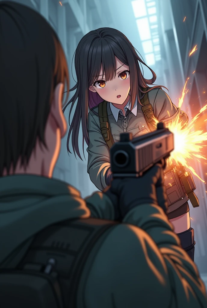 In the anime、FPS,Ass POV,Ego perspective,surprised face,He points a gun at a girl in military uniform..