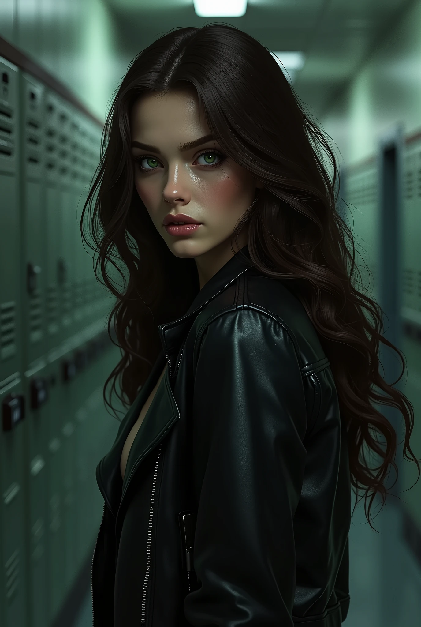 create an illustration of a young woman who looks 2, very dark brown hair, wavy and long, parted on the side, very white skin and slightly pink cheeks and light green eyes, wearing leather jacket, her fatal and sexy gaze and smirk in digital illustration style inspired by the GTA V loading screens, Her sexy expression, low lighting. thriller atmosphere. University hallway background with dark university lockers
