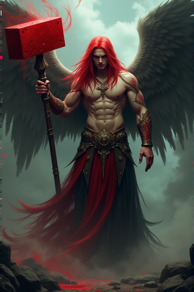 Fallen angel with long red hair, black eyes and a big red hammer