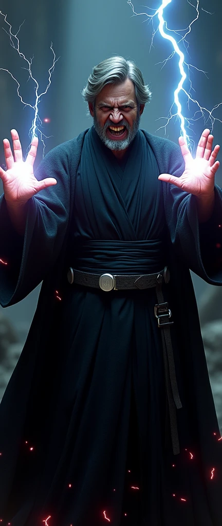 A man shouts in anger at the camera. He is dressed in dark Sith robes and shoots lightning bolts from both hands at the camera.