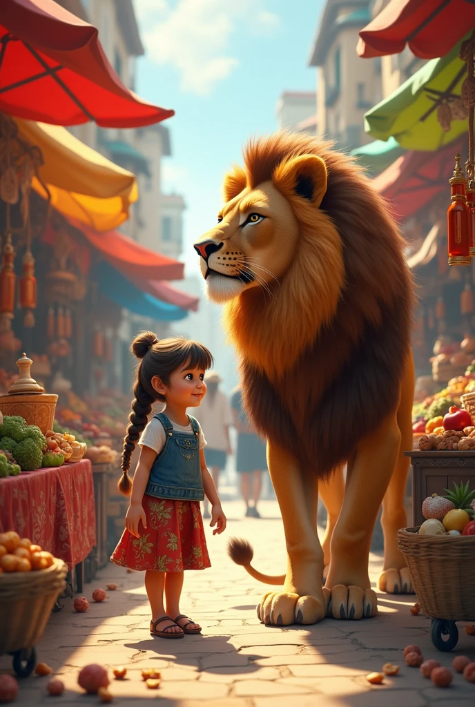 A girl shopping at the market, bring a big lion