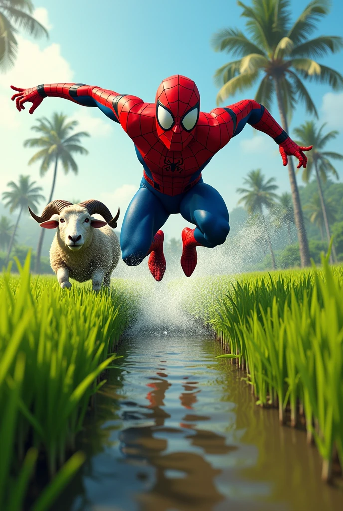 Spiderman in a vibrant rice field in Indonesia, leaping into a water-filled paddy as he’s chased from behind by a horned sheep. The background showcases lush green rice plants swaying in the breeze with palm trees in the distance. The sheep’s determined expression contrasts with Spiderman’s startled look as he frantically jumps to escape. The scene is colorful, humorous, and captures the lively rural setting of a traditional Indonesian sawah