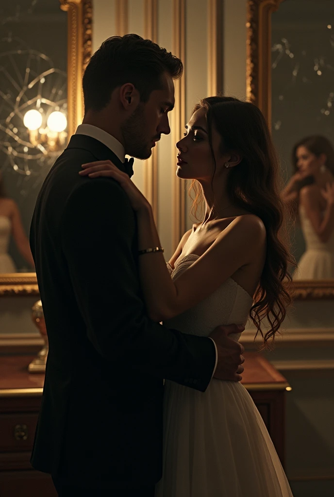 A cinematic, hyper-realistic depiction of a couple in conflict, where the man embodies narcissistic traits. The man stands domineering, with an intense, cold expression, dressed in elegant yet dark attire, symbolizing his controlling and manipulative nature. He is in a position of power, slightly above or in front of the woman, who looks distressed but resolute, standing her ground. The woman is bathed in warm, soft light, highlighting her vulnerability and strength as she resists his dominance. The background is a luxurious, dimly lit room filled with mirrors, some cracked, reflecting distorted images of the man, symbolizing his broken yet grandiose self-image. The overall scene is rich in shadows and contrasts, creating a tense atmosphere with strong emotions conveyed through facial expressions and body language. The environment suggests a toxic relationship dynamic, with symbolic elements like shattered glass, fading reflections, and subtle cracks in the walls."