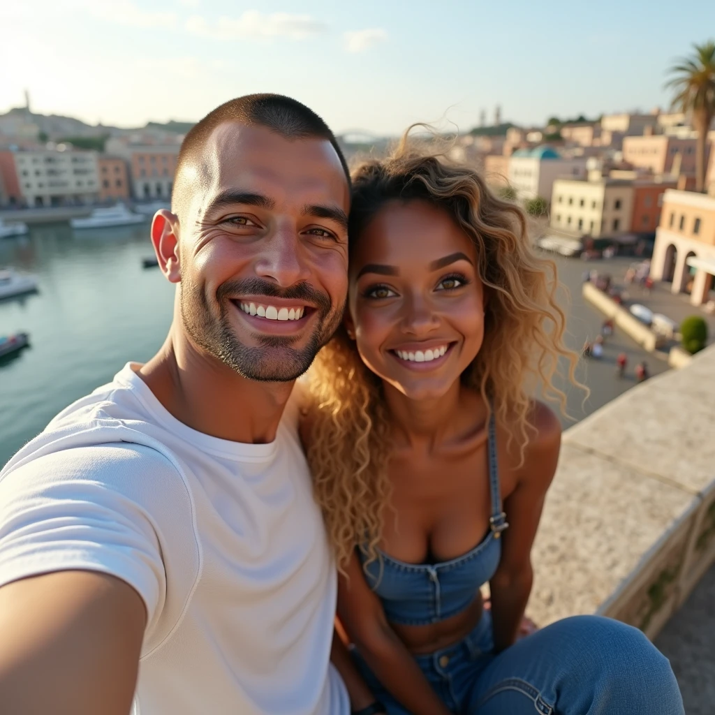 Selfie, Two friends light and smooth smile, a White male man Slightly Muscular, 30's, brown eyes, buzz cut hair style, buzz cut hair, he wears a white T-shirt and beige pants,A woman, Toffee color skin, beautiful toffee mixed woman with long blond curly hair and extremely detailled clear yellow eyes, middle body, she wears a sexy blue top and a Flared denim pants, selfie,They are sitting on a stone wall with a view of a port at day, ultrarealism, realism