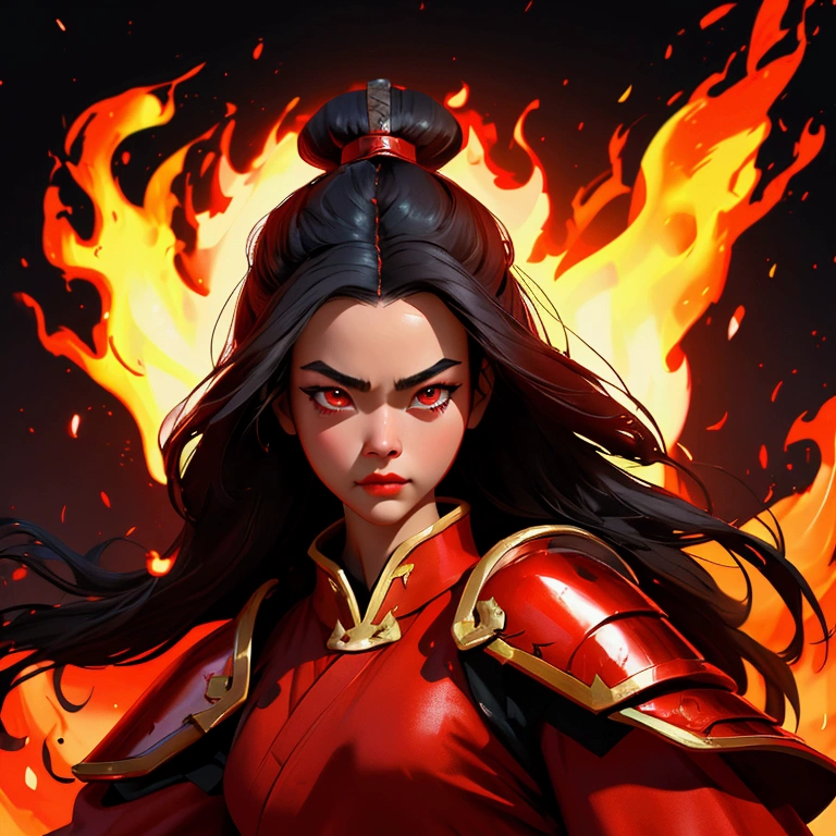 envision a 8k, highres, cinematic, close up beautiful portrait of a fierce girl named Azula with long black hair in a Chinese bun Red eyes, wearing a warrior robe with leather armor plates and fire effects against a dark background